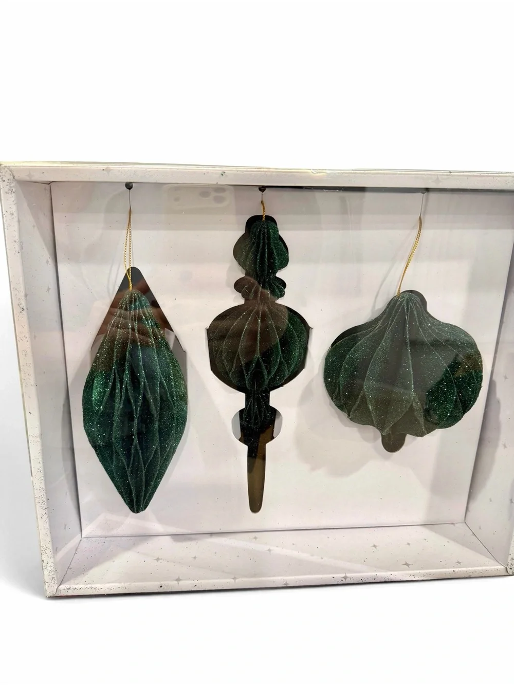 Emerald Green Large Glitter Paper Christmas Ornaments - Set of 3